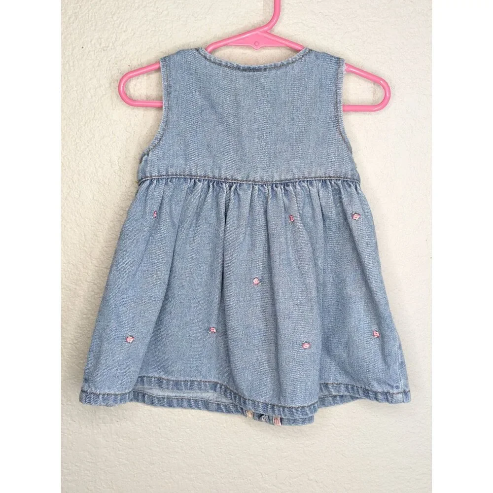 Vintage Y2K 2001 Gymboree Denim Prairie Dress Size 6-12 Mos Floral Embroidery